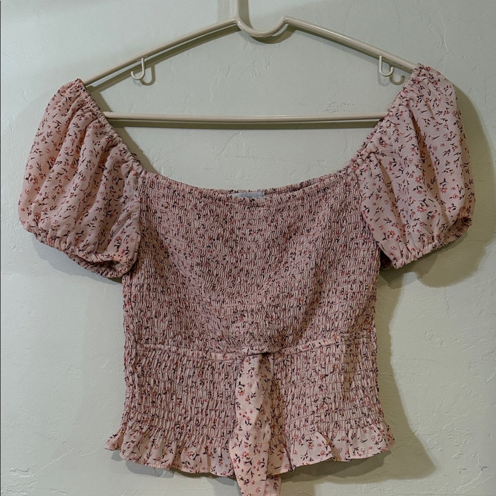Active USA Pink Floral Smocked Blouse like New
